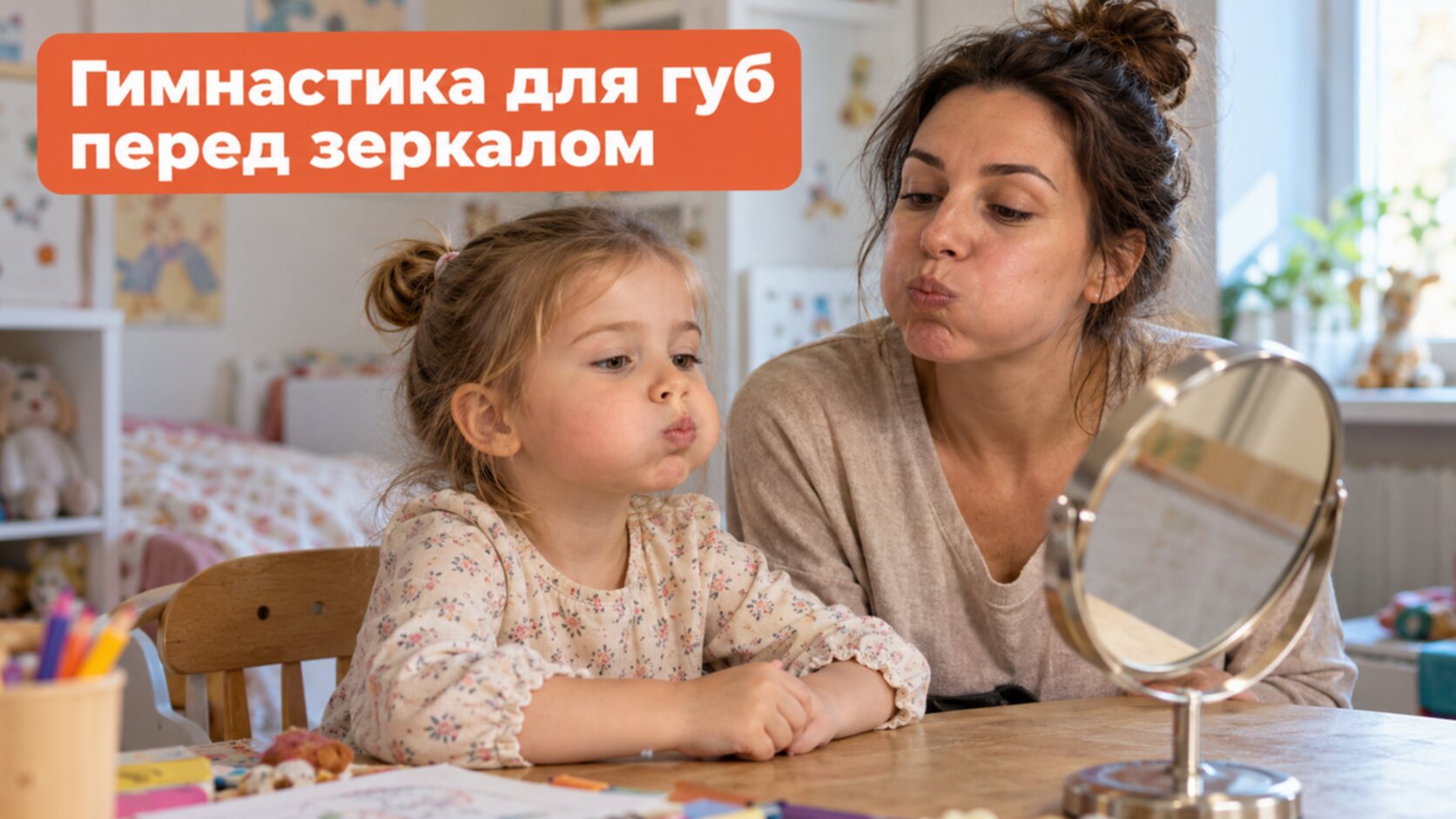 Артикуляционная гимнастика для детей: девочка с мамой надувают щёки перед зеркалом