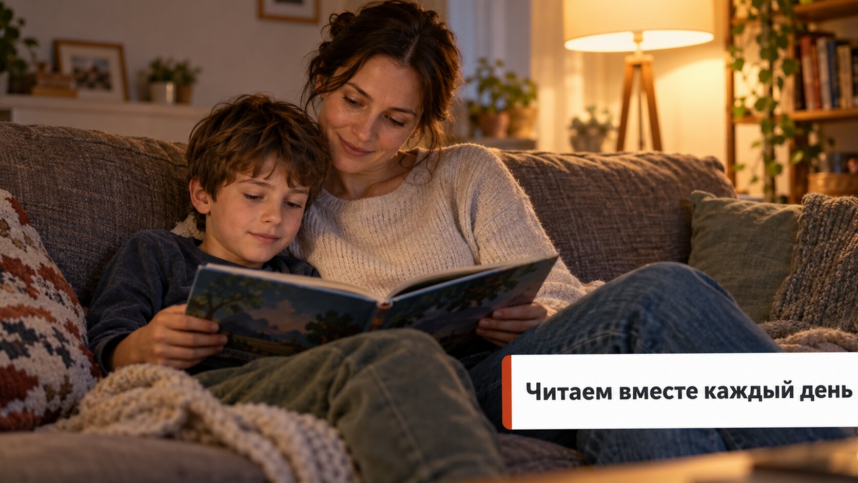 Мальчик с мамой читают книгу вместе: ежедневное чтение помогает при дислексии и дисграфии у детей