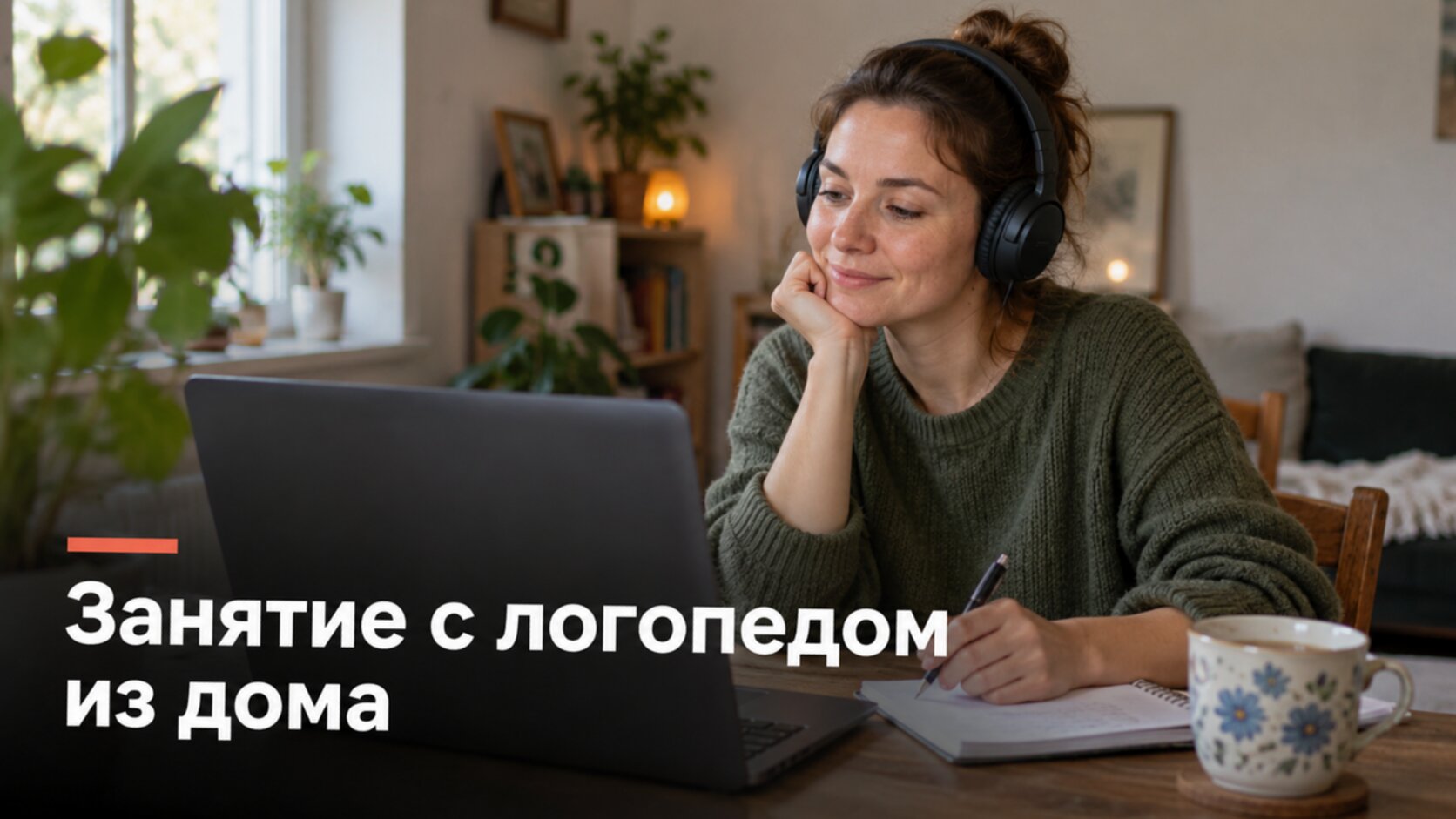 Логопед для взрослых онлайн: женщина в наушниках занимается с логопедом из дома